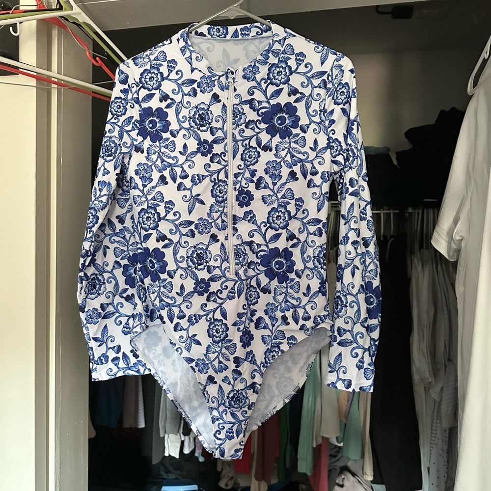Blue Floral Long Sleeve Bodysuit